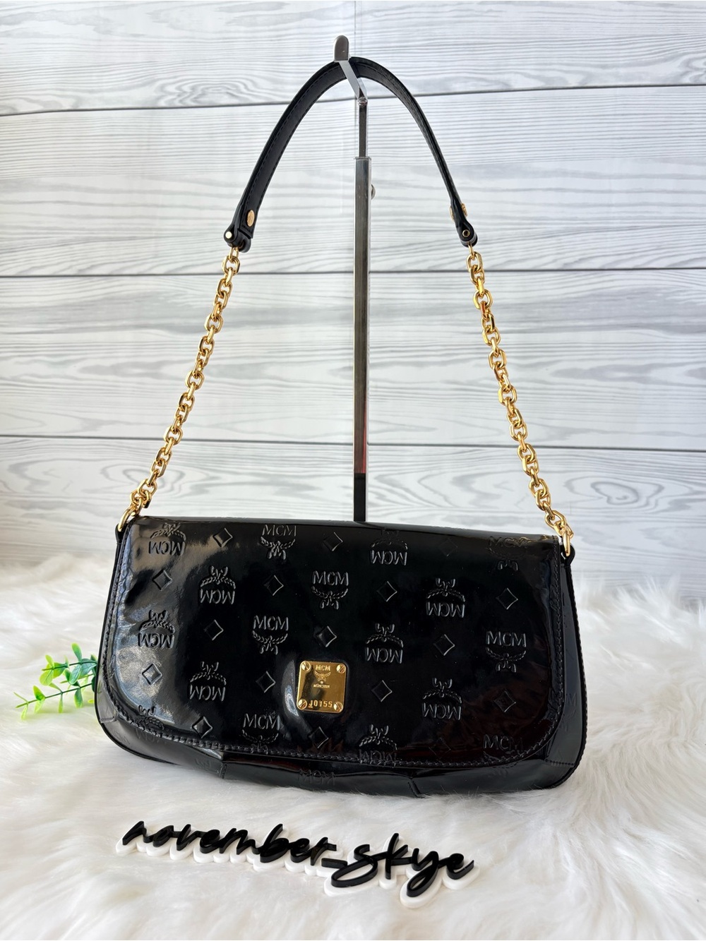 MCM Black Patent Leather Shoulder Bag with Gold Chain